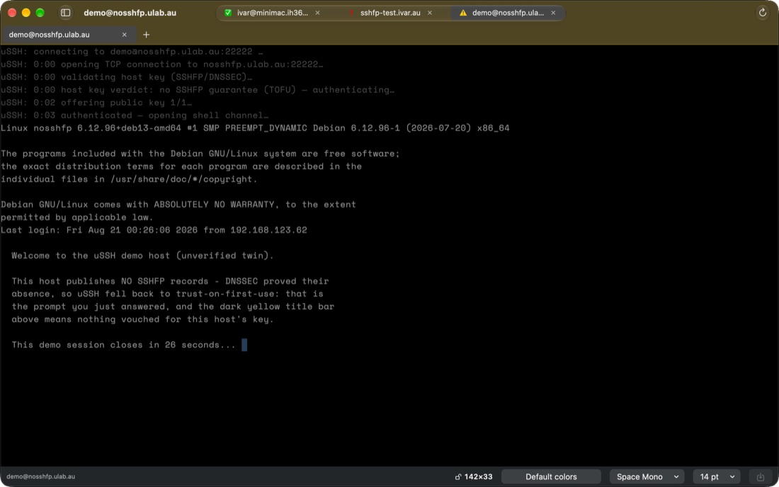 The unverified demo twin on the Mac, dark-yellow title bar