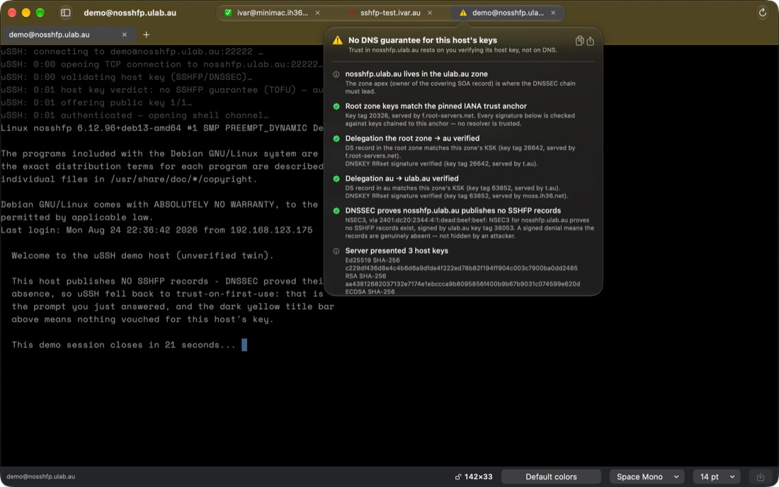 The flyover for an unverified host on the Mac: No DNS guarantee for this host’s keys, with the NSEC3 proof that no SSHFP records exist