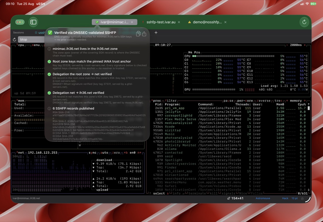 uSSH on iPad showing the verification flyover: the DNSSEC chain from the root zone to the host's SSHFP records