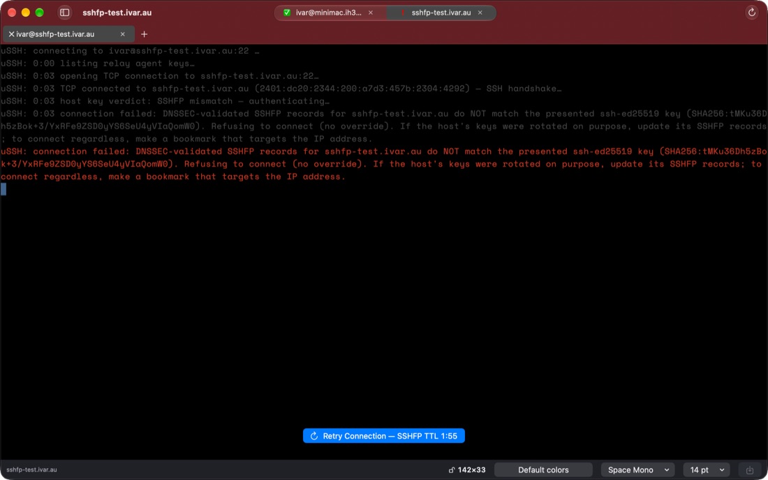 uSSH on the Mac refusing to connect: red title bar, the mismatch explained in the log, a Retry Connection button counting down the SSHFP TTL