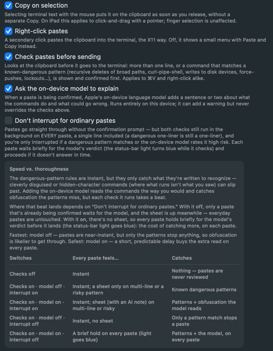 The paste settings on the Mac: Copy on selection, Right-click pastes, Check pastes before sending, Ask the on-device model to explain, Don’t interrupt for ordinary pastes, and the speed-versus-thoroughness table