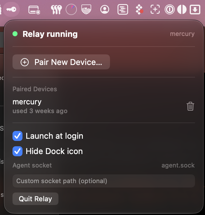The uSSH Agent Relay menu-bar panel on the Mac: Relay running, Pair New Device…, the list of paired devices, Launch at login and Hide Dock icon options, and the agent socket path