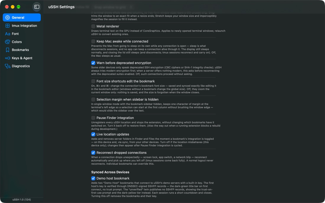 uSSH Settings on the Mac with the Demo host bookmark toggle