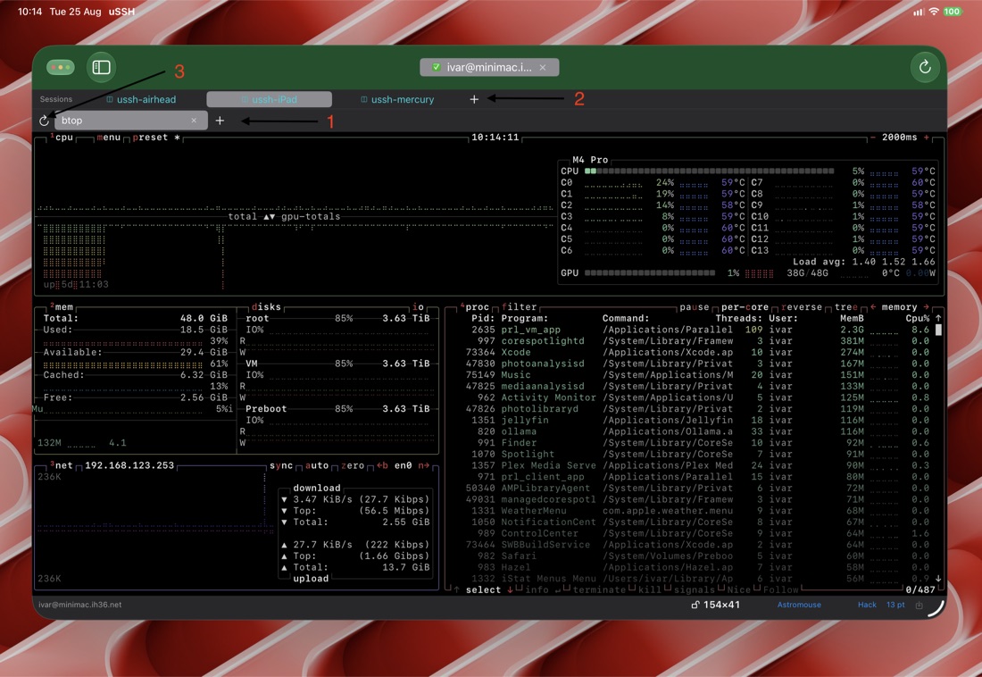 The same tmux bookmark on iPad, annotated