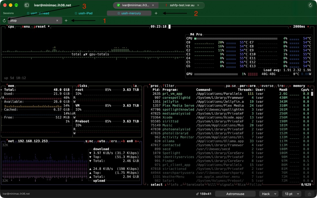 A tmux bookmark on the Mac: the Sessions row with three sessions, the window row with btop, and the redraw button, annotated