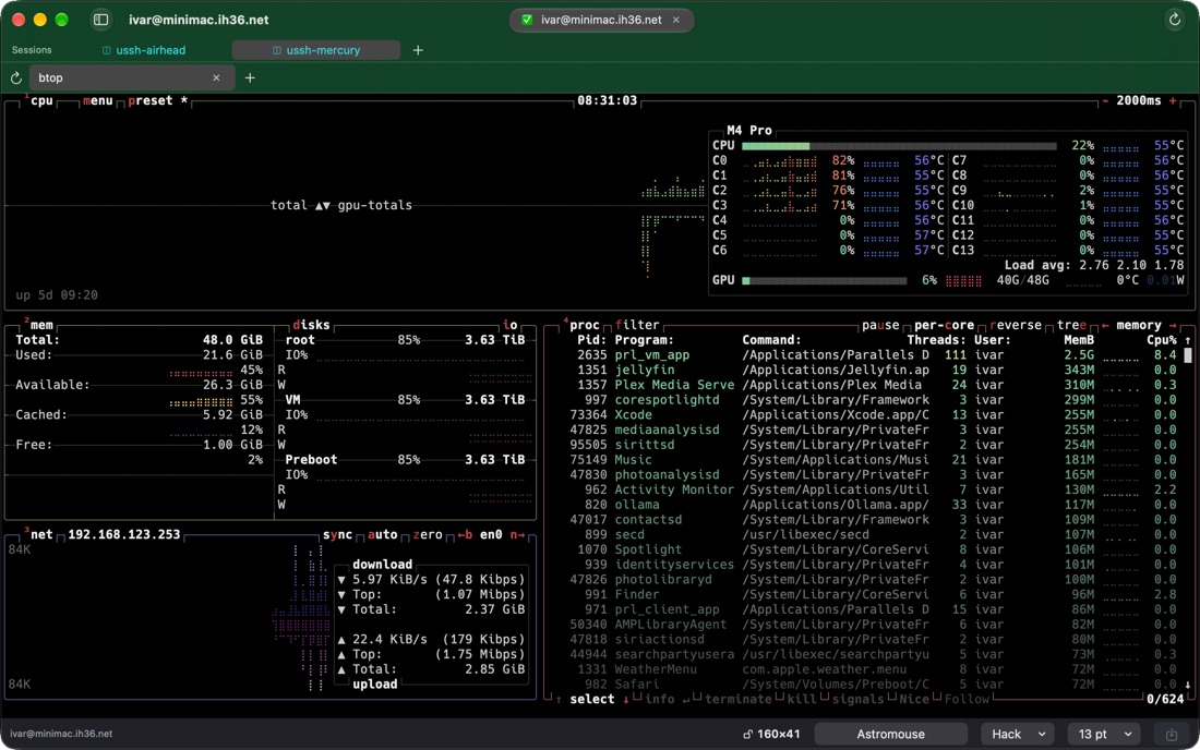 uSSH on the Mac: a DNSSEC-verified session with the dark-green title bar, btop in a tmux window